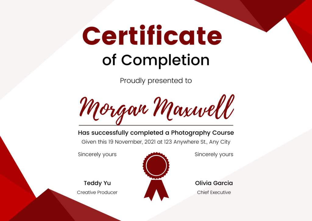 Certificate of Completion in Photography
